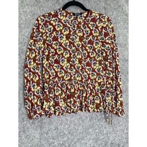 Madewell Floral Violet Pansy Blouse Burgundy Long Sleeve Peplum Boho Fall XS